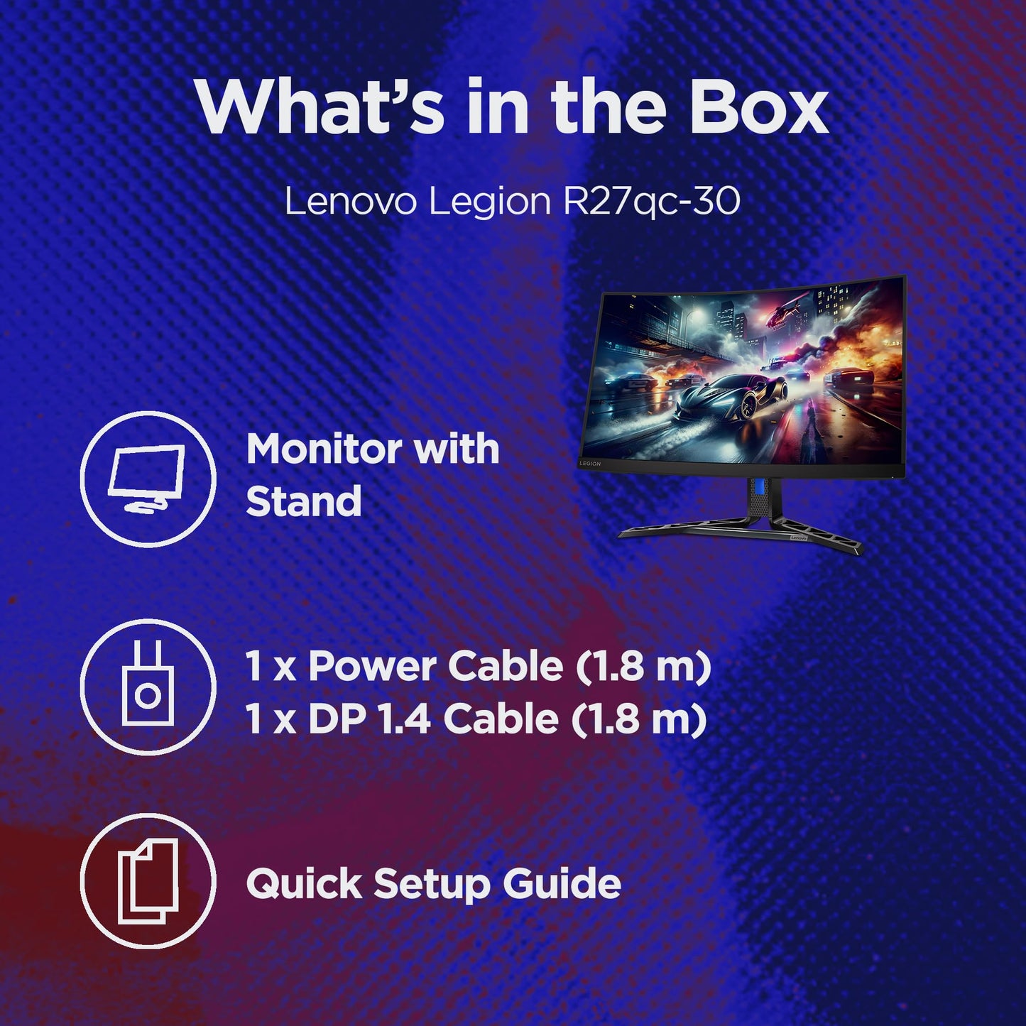 Lenovo Legion-R27qc-30 | 27" (68.5cm) QHD 180Hz Curved Gaming Monitor | 0.5ms, AMD FreeSync, 99%sRGB, 3Wx2Speaker, 2xHDMI 2.1 TMDS, 1xDP 1.4 (HBR3)|Tilt, Swivel, Pivot, Height Adjust|Black| 67C6GAC2IN