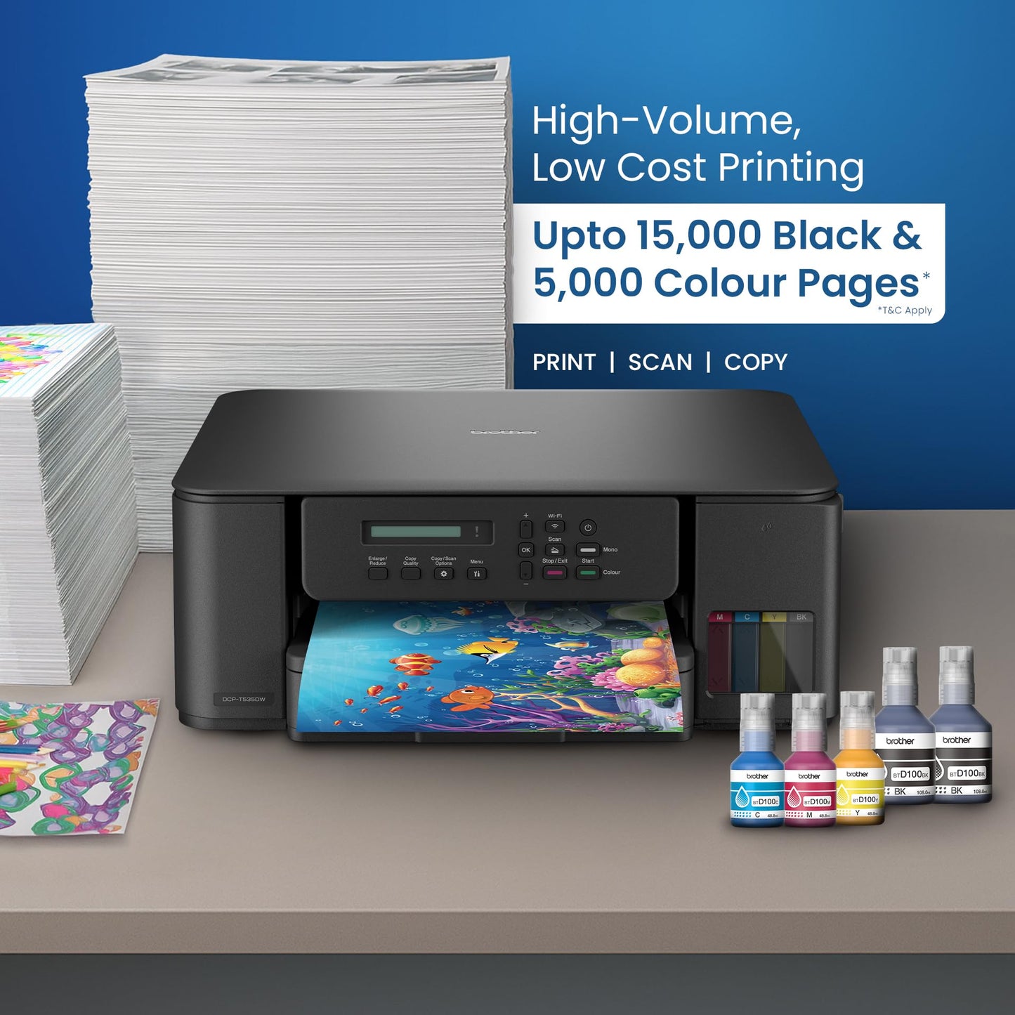 Brother Ink Tank DCP-T535DW New Launch (Print Scan Copy) WiFi Auto Duplex Printer, 128MB Memory, Print Pages