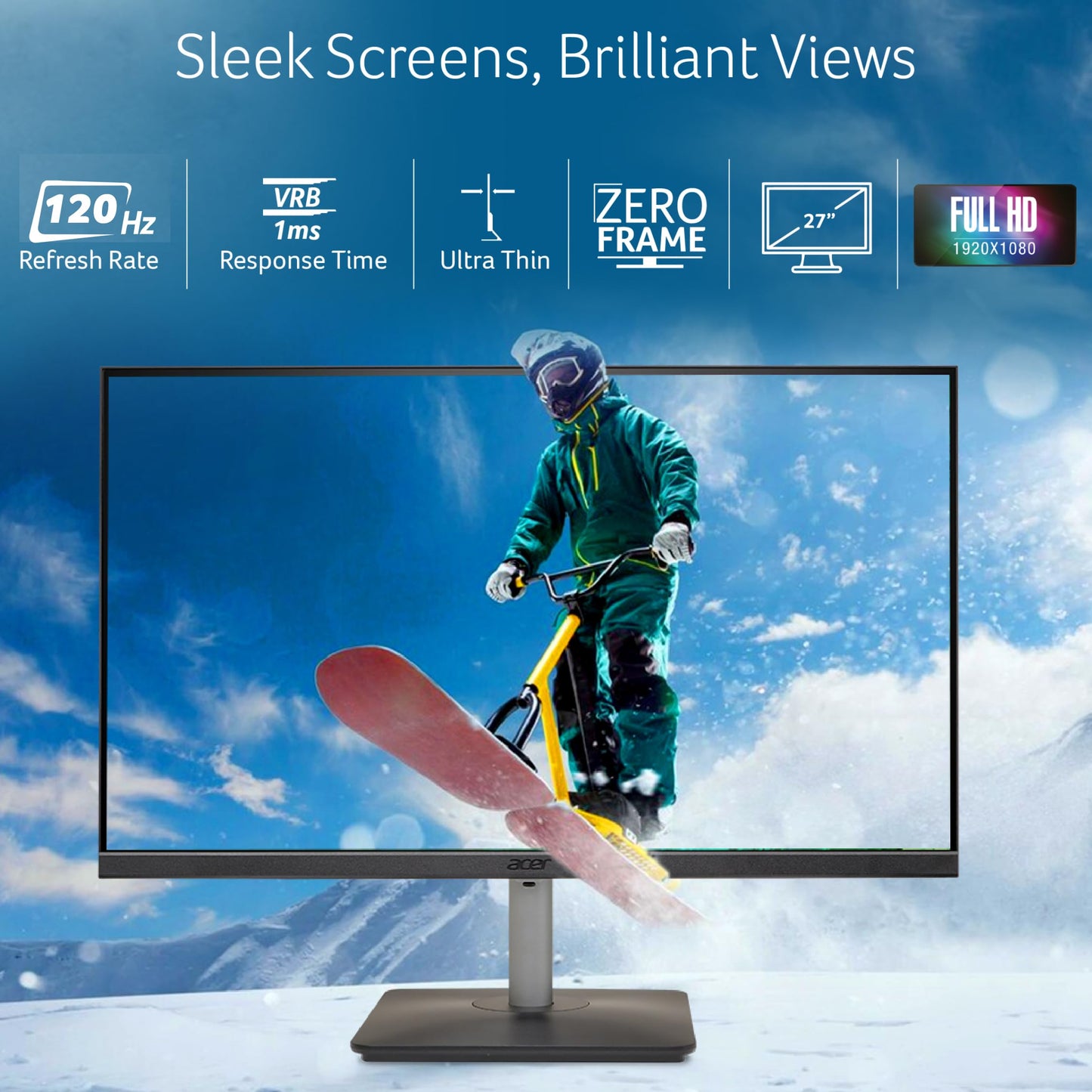 Acer RS242Y 23.8 Inch Full HD IPS Ultra-Thin (6.9mm) Backlit LED Monitor I Color Patterned Back Mood Light I Dual Glass Design, Sleek Metal Frame I 1 MS, 120Hz I 1xHDMI 1xVGA I Speakers I Eye Care