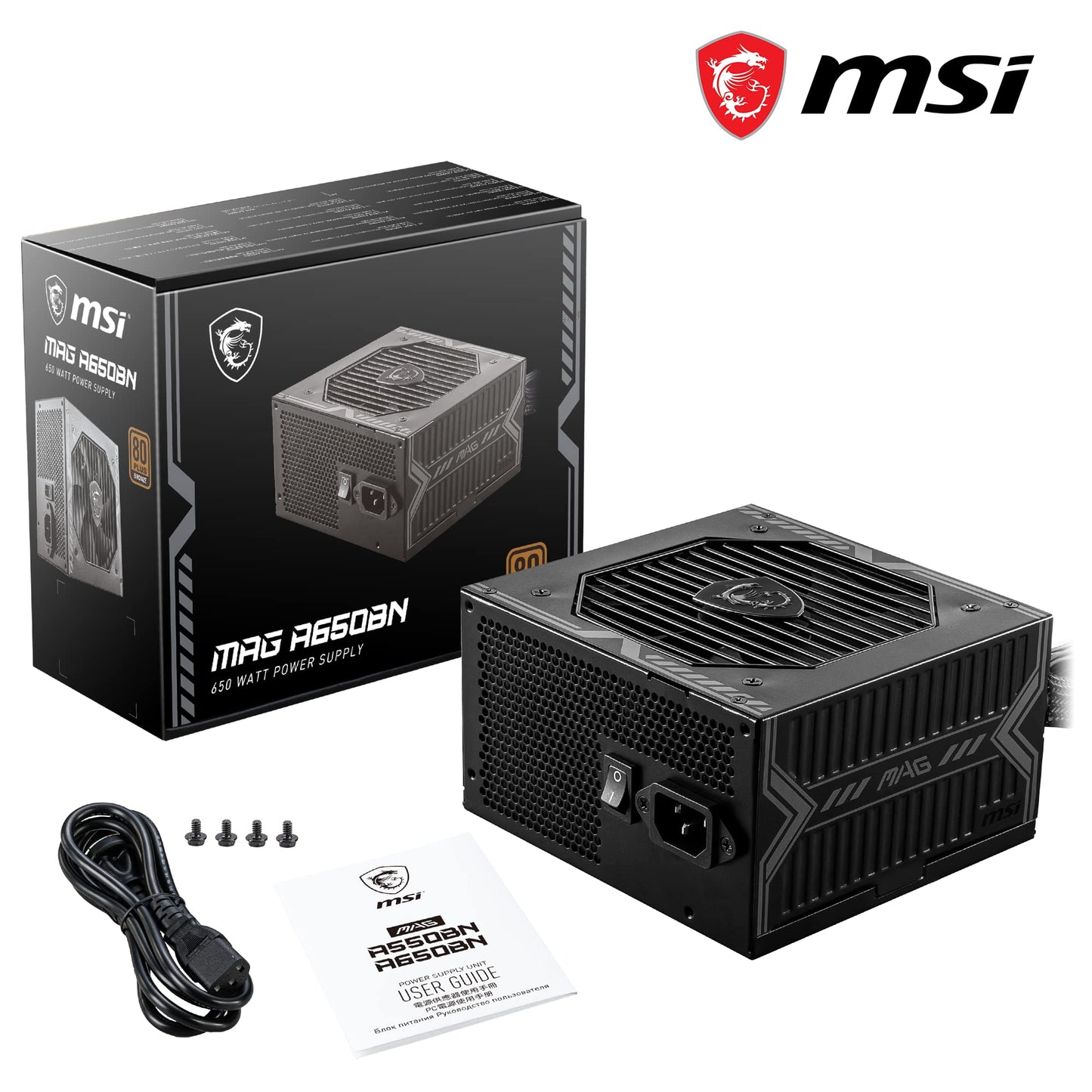MSI MAG A650BN Power Supply Unit - 650W, 80 Plus Bronze Certified, 12V Single-Rail, DC-to-DC Circuit, 120mm Fan, Active PFC Design, Multiple Connectivity, for Gaming PC, 5-Year Warranty