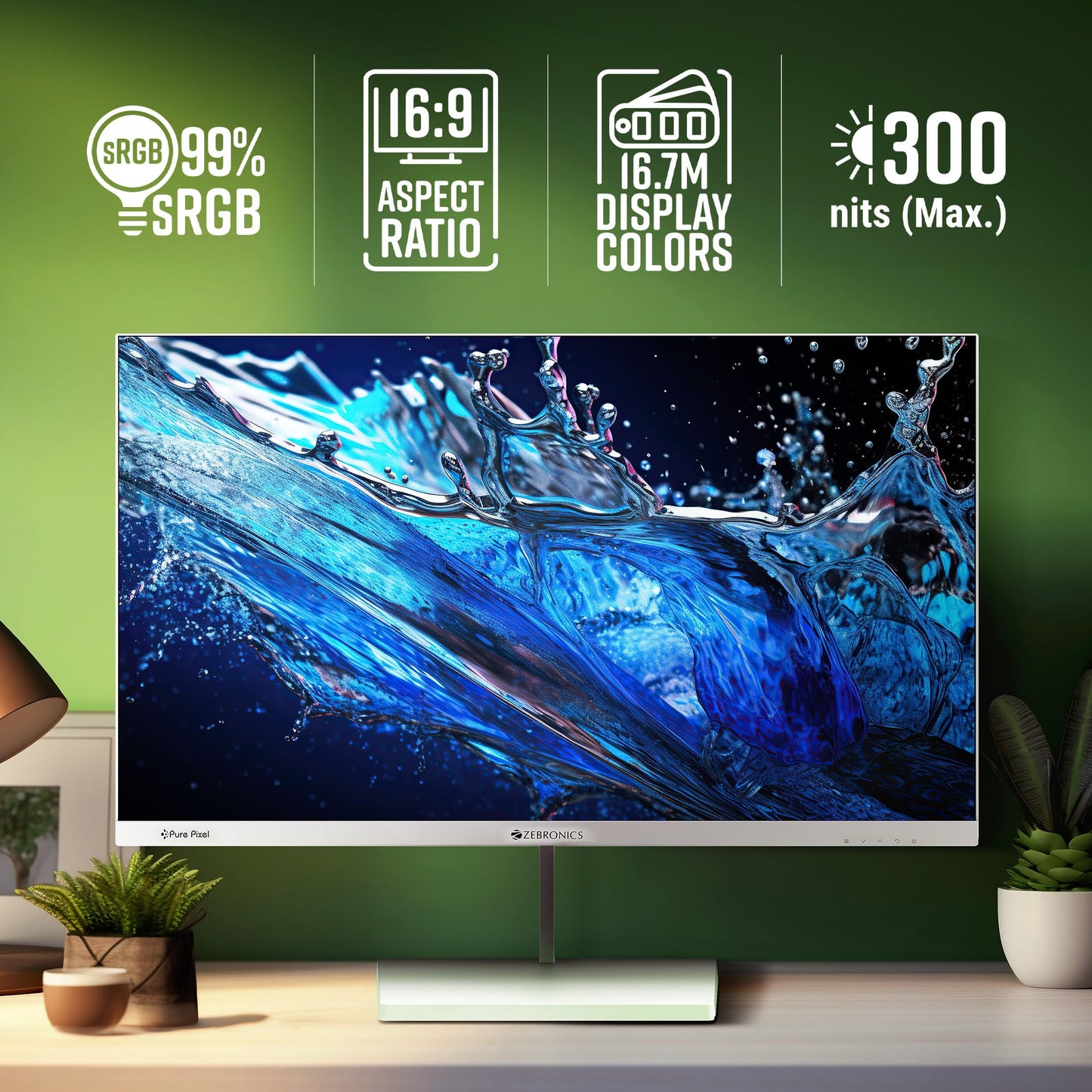ZEBRONICS S27A 27" (68.5cm) LED Monitor, 75Hz, FHD 1920x1080, IPS Display, 1ms MPRT, 16:9 Aspect Ratio, 300Nits, 16.7M Colors, Dual Input - HDMI + VGA, Built-in Speakers, Wall Mountable