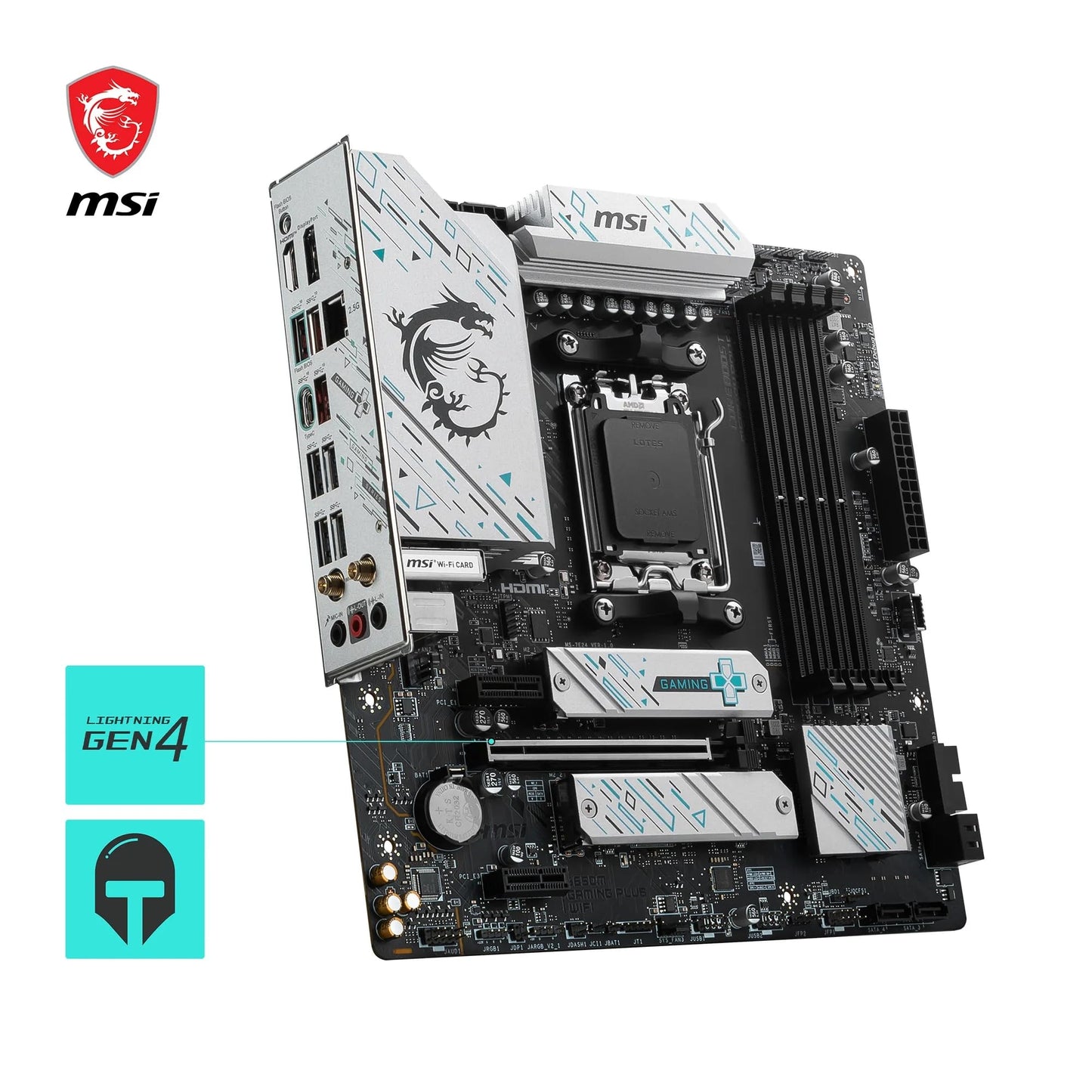 MSI B650M Gaming Plus WiFi Motherboard, mATX - Supports AMD Ryzen 7000 Series Processors, AM5, DDR5 Memory Boost 7800+MHz/OC, 1 x PCIe 4.0 x16, 2 x M.2 Gen4, Wi-Fi 6E