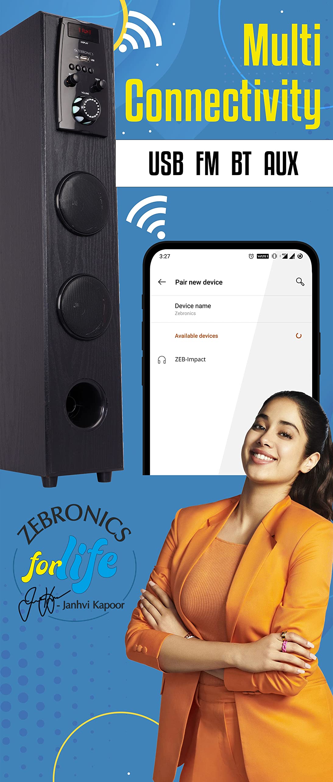 ZEBRONICS Impact Tower Speaker with Wireless BT/USB/FM/AUX and Wired Mic