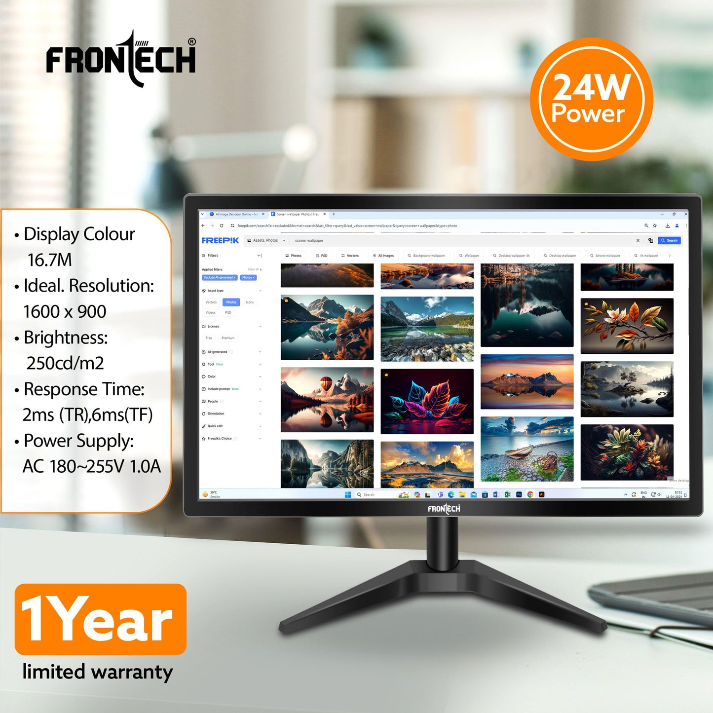 FRONTECH 20 Inch HD LED Monitor | Refresh Rate 60 Hz, 1600 x 900 Pixels | Wall Mountable Slim & Stylish Design with 16.7M Colors | HDMI & VGA Ports, Built-in Power Supply (MON-0054,Black)