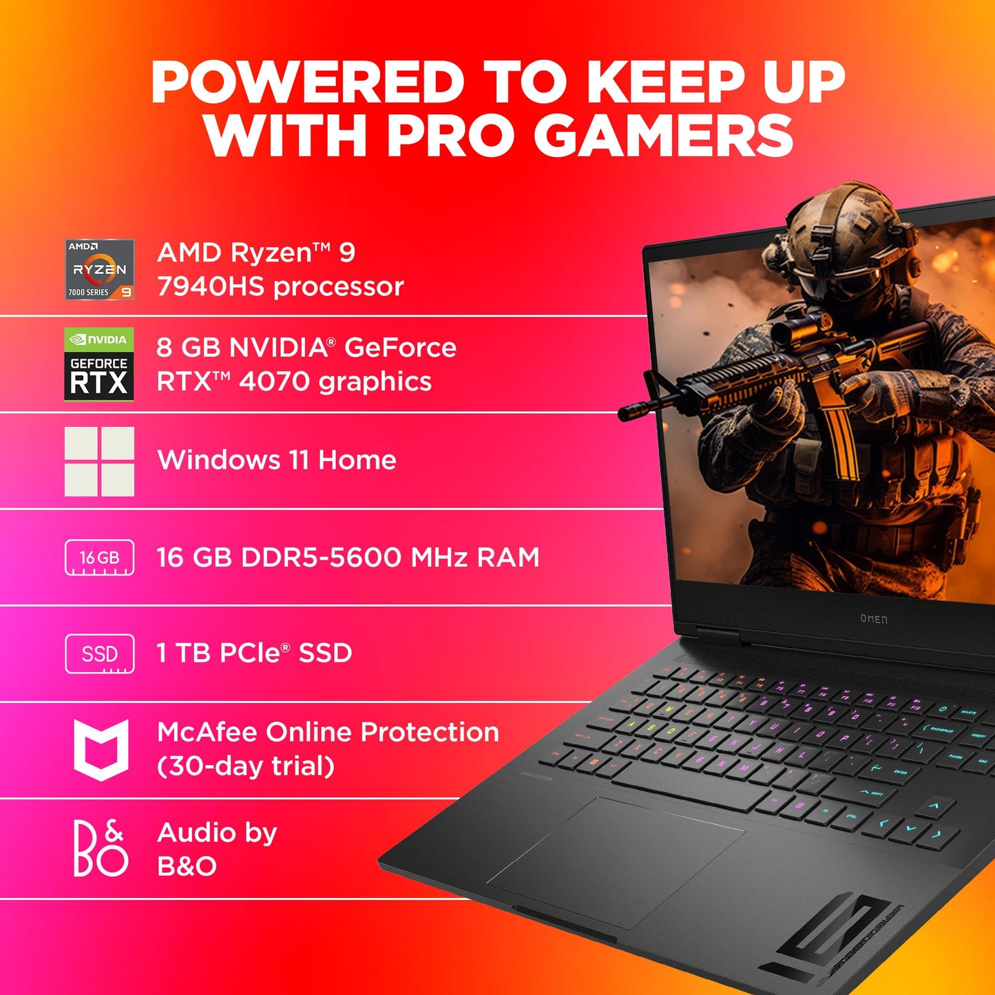 HP Smartchoice Omen, AMD Ryzen 9 7940HS, 8GB RTX 4070 AI-Powered Gaming Laptop (16GB DDR5, 1TB SSD) 165Hz, IPS, 300 nits, 16.1/40.9cm, FHD, Black, 2.38kg, RGB Backlit KB, B&O, xf0100AX
