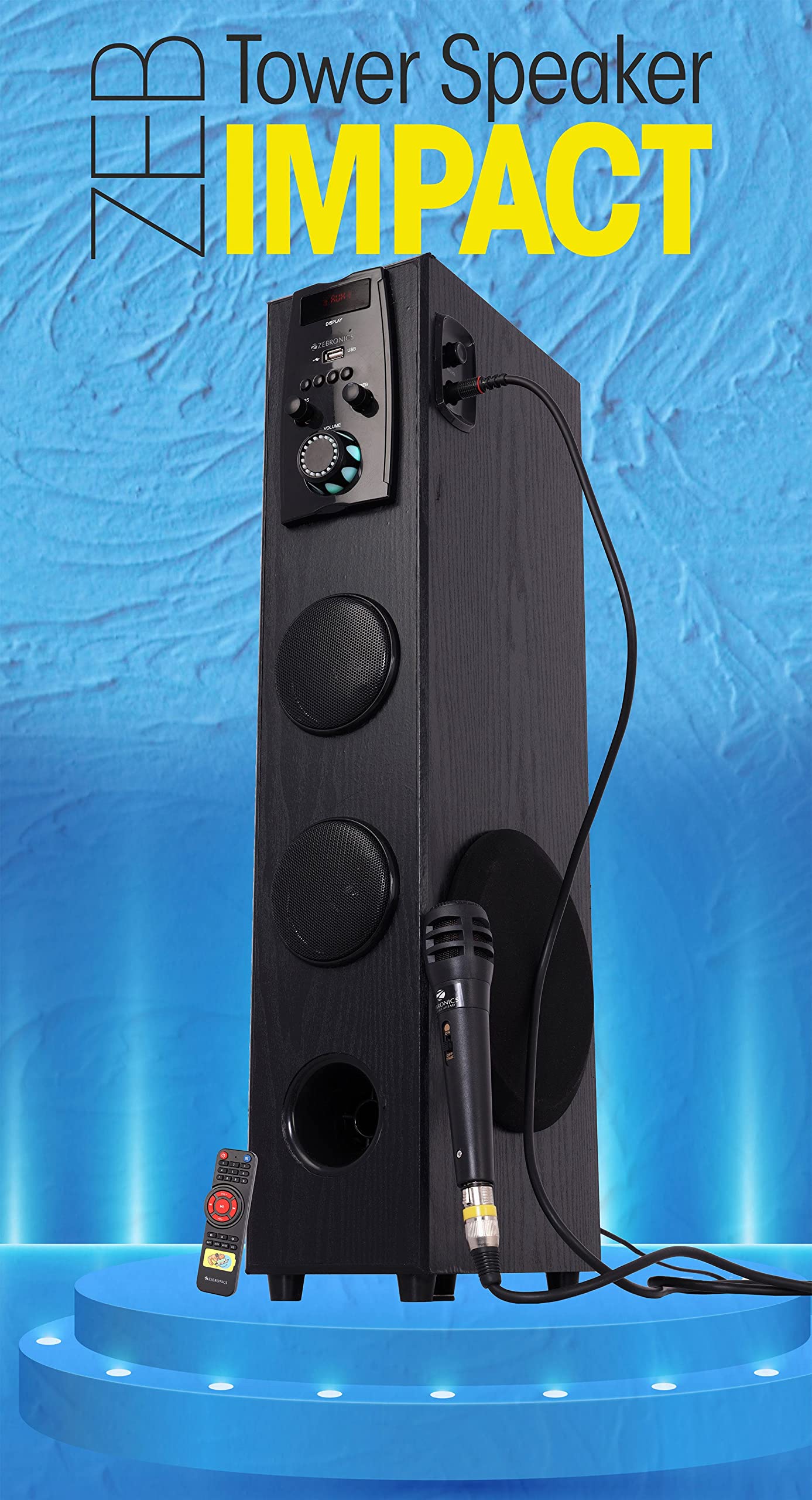 ZEBRONICS Impact Tower Speaker with Wireless BT/USB/FM/AUX and Wired Mic