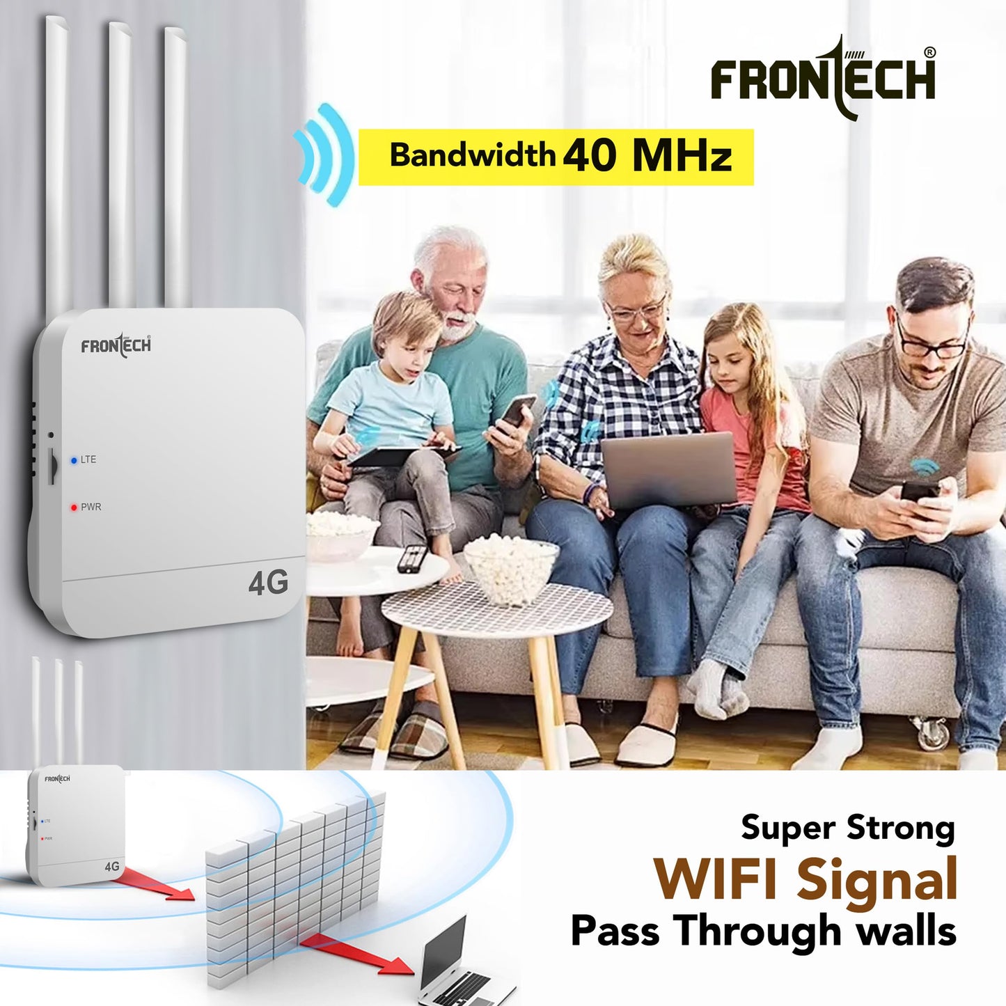 Frontech 4G WiFi Router (5G SIM Compatible), Nano SIM Slot, 3 External Antennas, Dual Output (Wired/Wireless), 40MHz Bandwidth, High-Speed Internet for Home & Office (NC-0035)