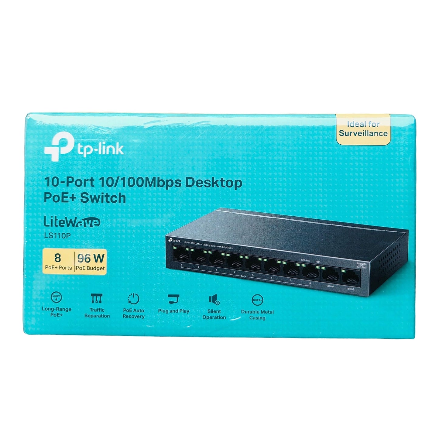 TP-Link LS110P 10-Port 10/100Mbps Desktop Switch with 8-Port PoE+, 96 W Total PoE Budget, PoE Auto Recovery, Plug & Play, Isolation Mode ,Ideal for Noise-Sensitive Homes or Businesses