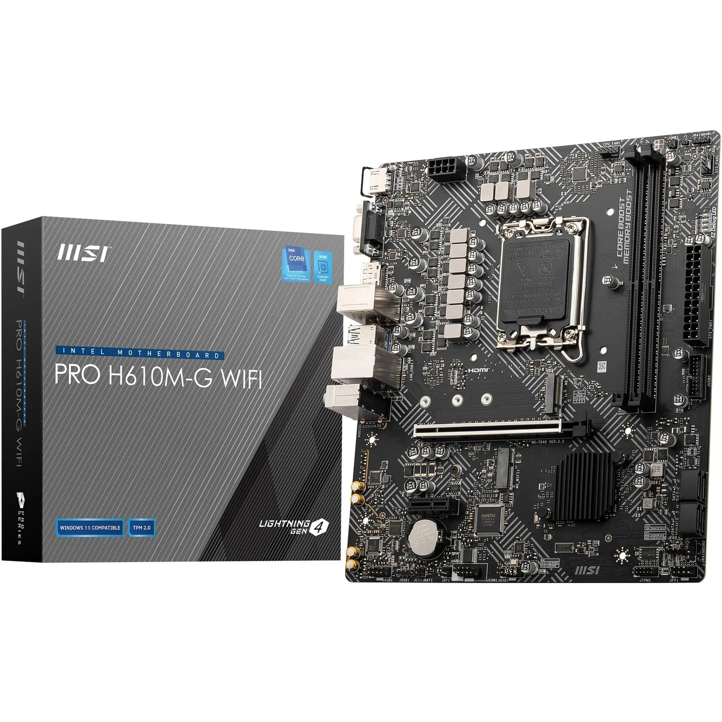 MSI PRO H610M-G WiFi Motherboard – Micro-ATX, Supports 12th/13th/14th Gen Intel Core Processors, LGA 1700 Socket, DDR5 Memory Boost 5600MHz/MAX, PCIe 4, 1G LAN, M.2 Slots, USB 3.2, Wi-Fi 6E