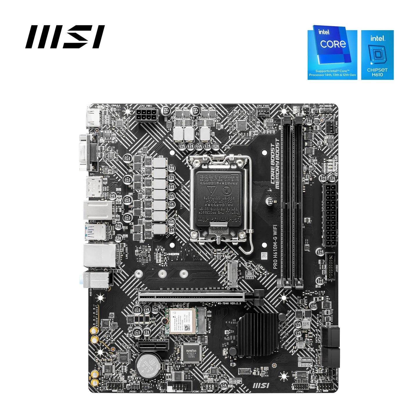 MSI PRO H610M-G WiFi Motherboard – Micro-ATX, Supports 12th/13th/14th Gen Intel Core Processors, LGA 1700 Socket, DDR5 Memory Boost 5600MHz/MAX, PCIe 4, 1G LAN, M.2 Slots, USB 3.2, Wi-Fi 6E