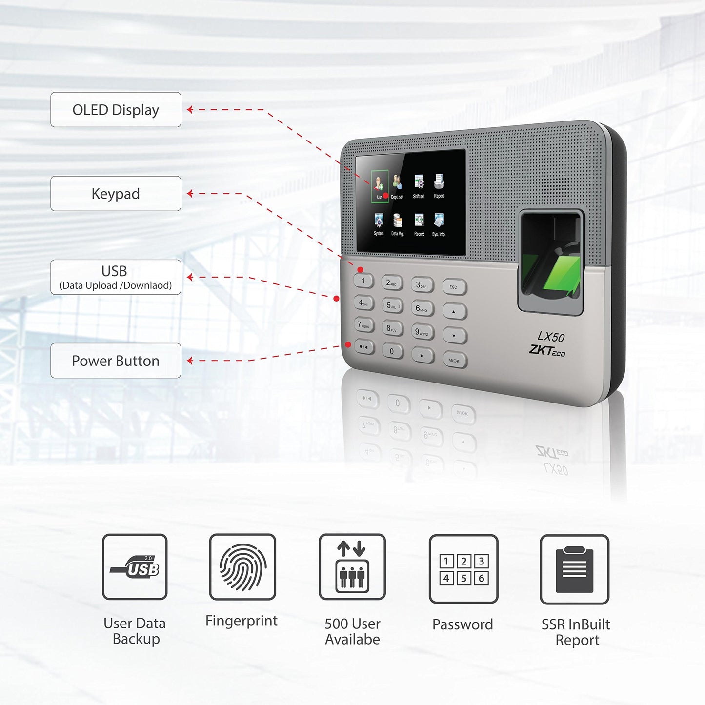 ZKTeco LX50 Biometric Fingerprint Time Attendance Clock | Employee Check-in Recorder with Built-in SSR Excel Software | 500 Users Capacity | No Monthly Fees (Silver)
