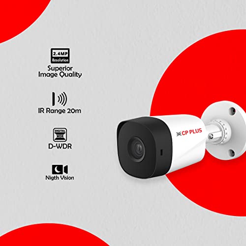 CP PLUS 2.4MP IR Bullet Outdoor Security Camera | 3.6mm Fixed Lens | Max 25/30fps at 2.4MP | DWDR, Day/Night (ICR) | IR Range of 20 Mtrs., Smart IR | Support Built-in Mic - CP-URC-TC24PL2C-V3