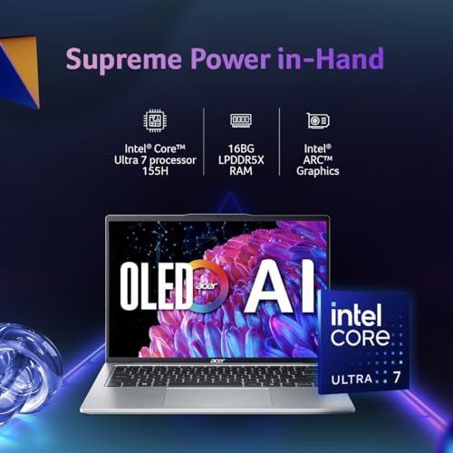 Acer Swift Go 14, Intel Core Ultra 7-155H, 16GB RAM, 1TB SSD, OLED WQXGA+ 14"/35.56cm, Windows 11, MS Office, Pure Silver, 1.3Kg, SFG14-73, Intel Arc Graphics, 1440p Camera AI Powered Laptop