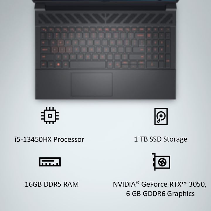 Dell G15-5530 Gaming Laptop, 13th Gen Intel Core i5-13450HX| NVIDIA RTX 3050, 6GB (16GB RAM|1TB SSD, FHD|Window 11|MS Office' 21|15.6" (39.62cm)|Orange Backlit Keyboard& G-Key|Dark Shadow Grey|2.65Kg