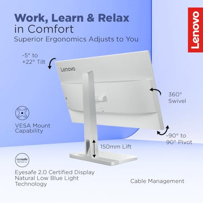 Lenovo L-Series 24 inch (60.4cm) FHD IPS Monitor| 100Hz, 1ms, FreeSync, 3Wx2 Speakers, 4xUSB-A, 1xUSB-C, 1x HDMI, PD-45W, Tilt, Swivel,Pivot Height Adjust Stand: for Home & Office use, Grey, L24m-4A