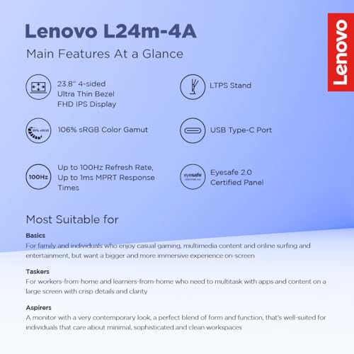 Lenovo L-Series 24 inch (60.4cm) FHD IPS Monitor| 100Hz, 1ms, FreeSync, 3Wx2 Speakers, 4xUSB-A, 1xUSB-C, 1x HDMI, PD-45W, Tilt, Swivel,Pivot Height Adjust Stand: for Home & Office use, Grey, L24m-4A