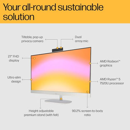 HP All-in-One PC Ryzen 5 7520U 27-inch(68.6cm) FHD IPS Display, 16GB LPDDR5, 1TB SSD, AMD Radeon Graphics, Wireless Keyboard and mouse combo, FHD Camera, (Win 11, MSO, Shell White, 6.72Kg) 27-cr0445in