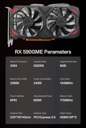 Radeon RX 590 GME Graphics Card | 8GB GDDR5, 256-Bit, PCI-E x16 | High-Performance Gaming GPU with Double Fan Cooler