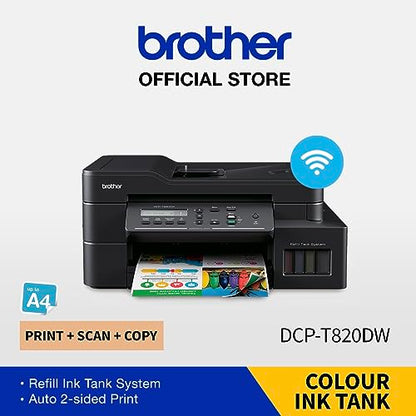 Brother Ink Tank DCP-T820DW WIFI Auto Duplex Color Multifunction Printer (Print Scan Copy), ADF, LCD, LAN, Print Up to 7.5K Pages Black & 5K in Color Each for (CMY), Extra Black Ink, Free Installation
