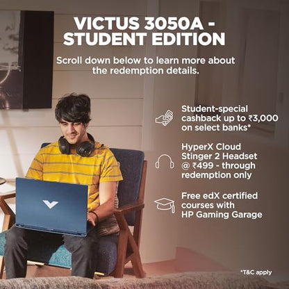 HP Victus, 12th Gen Intel Core i7-12650H,NVIDIA RTX 3050, 16GB DDR4, 512GB SSD (Win11, Office21, Blue,2.3kg) 144Hz, 9MS, IPS, 15.6-inch(39.6cm), Flicker-Free Gaming Laptop, Enhanced Cooling, fa1382TX