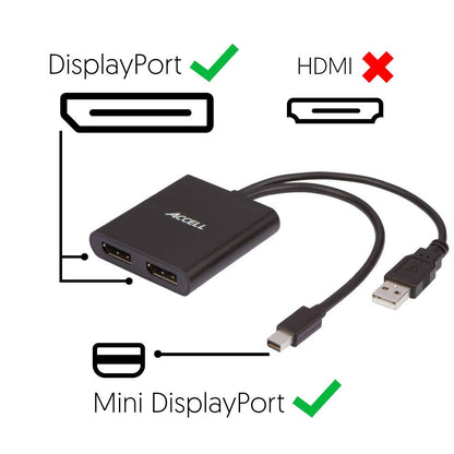 Accell mDP-2DP Multi Monitor Splitter - Mini DisplayPort 1.2 Multi-Stream Transport (MST) Hub - 1x Mini DisplayPort Connector, 2X DisplayPort outputs