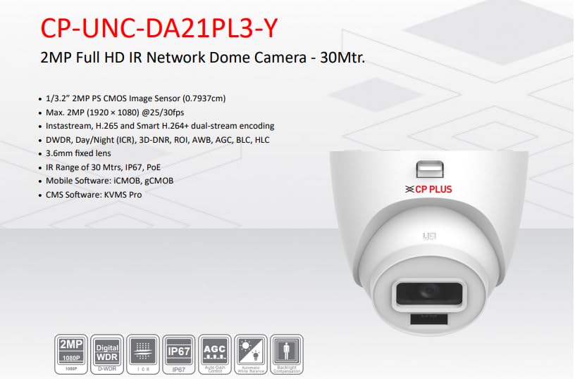 Cp Plus 2Mp Ip (Network) Wired Indoor Dome Camera + Night Vision + Cmos Image Sensor With 3.6Mm Lens - 30Mtr,Cp-Unc-Da21Pl3-Y - 1080P