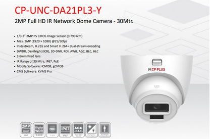Cp Plus 2Mp Ip (Network) Wired Indoor Dome Camera + Night Vision + Cmos Image Sensor With 3.6Mm Lens - 30Mtr,Cp-Unc-Da21Pl3-Y - 1080P