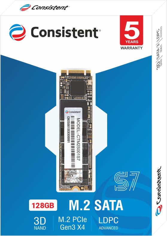 Consistent 128GB M.2 SATA 2280, with 520MB/s Read Speed, PCIe Gen 3.0, 5 Years Warranty