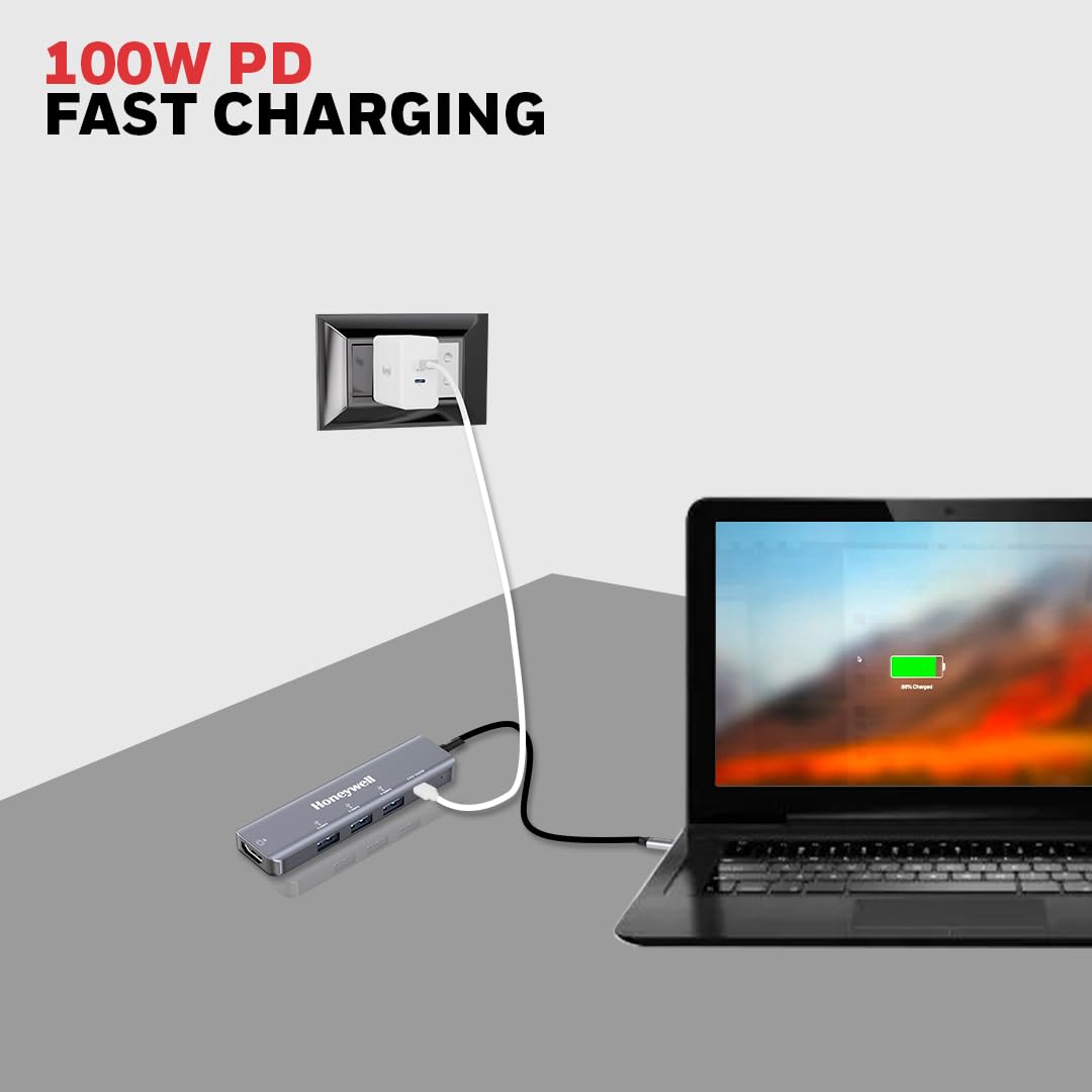 Honeywell New Launch 5-in-1 Type C Docking Station with 4K HDMI Port, 3xUSB 3.0 Port & Type C 3.0 PD 100W, for All Type C Devices- Windows/MacBook, On-The-Go Feature