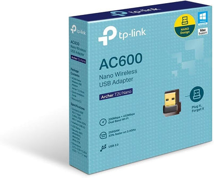 TP-Link Nano AC600 USB Wi-Fi Adapter(Archer T2U Nano)- 2.4G/5G Dual Band Wireless Network Adapter for PC Desktop Laptop, Mini Travel Size, Supports Windows 11,10, 8.1, 8, 7, XP/Mac OS 10.9-10.15