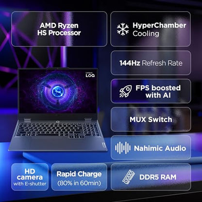 Lenovo Smartchoice LOQ AMD Ryzen 7 7435HS, NVIDIA RTX 4050-6GB, 24GB RAM, 512GB SSD, 15.6"/39.6cm, Windows 11, MS Office Home 2024, Grey, 2.4Kg, 83JC00EGIN, 100% sRGB, 3 Mon. Game Pass Gaming Laptop