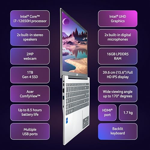 Acer Aspire Lite, 12th Gen, Intel Core i7-12650H Processor, 16 GB/1TB, Full HD IPS, 15.6"/39.62 cm, Win 11 Home, MS Office