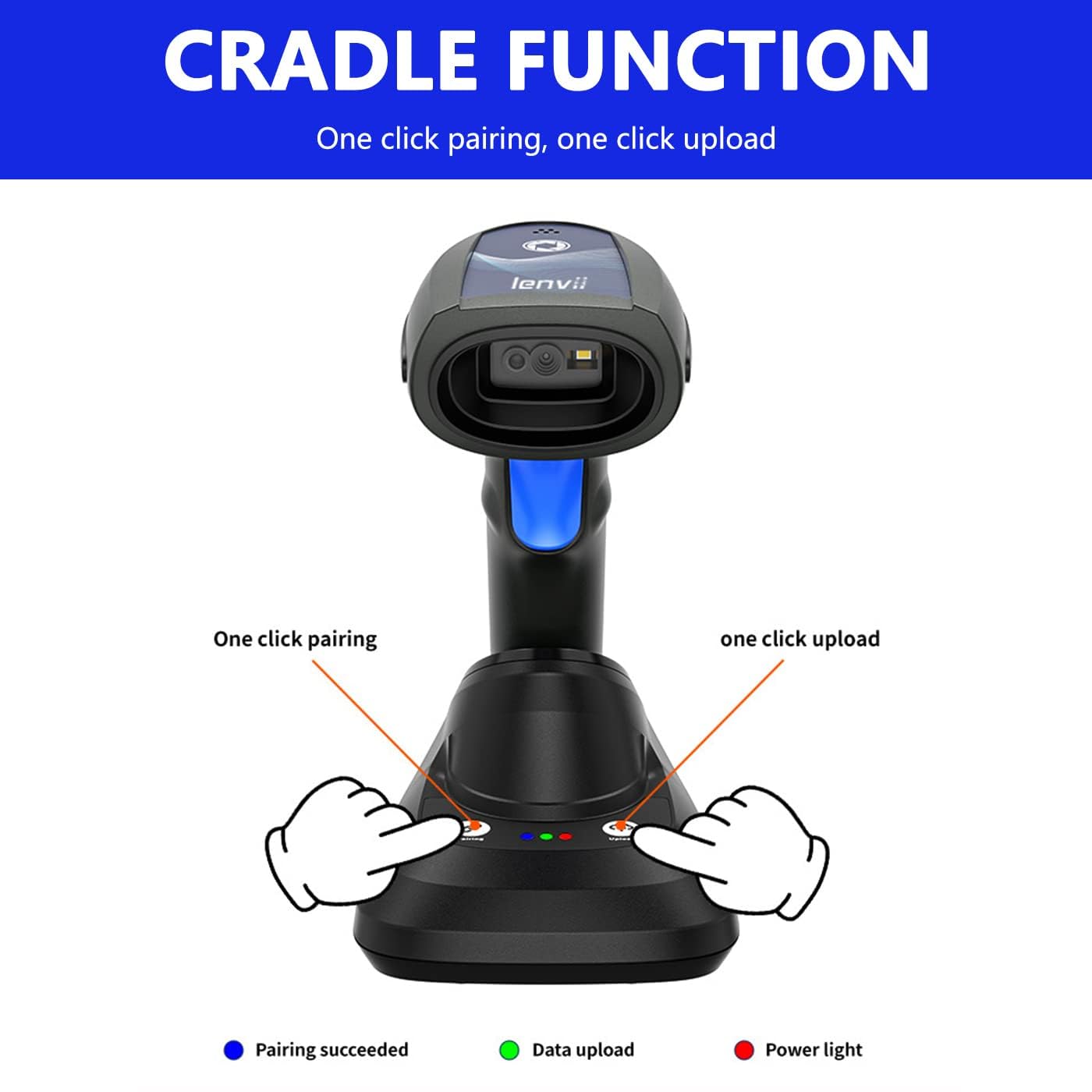LENVII CW200 Wireless Barcode Scanner 2D Handheld Bar Code Reader QR Code Scanner USB Bar Code Scanners 2 in 1 with Charging Base use for Shop,Supermarket, Warehouse