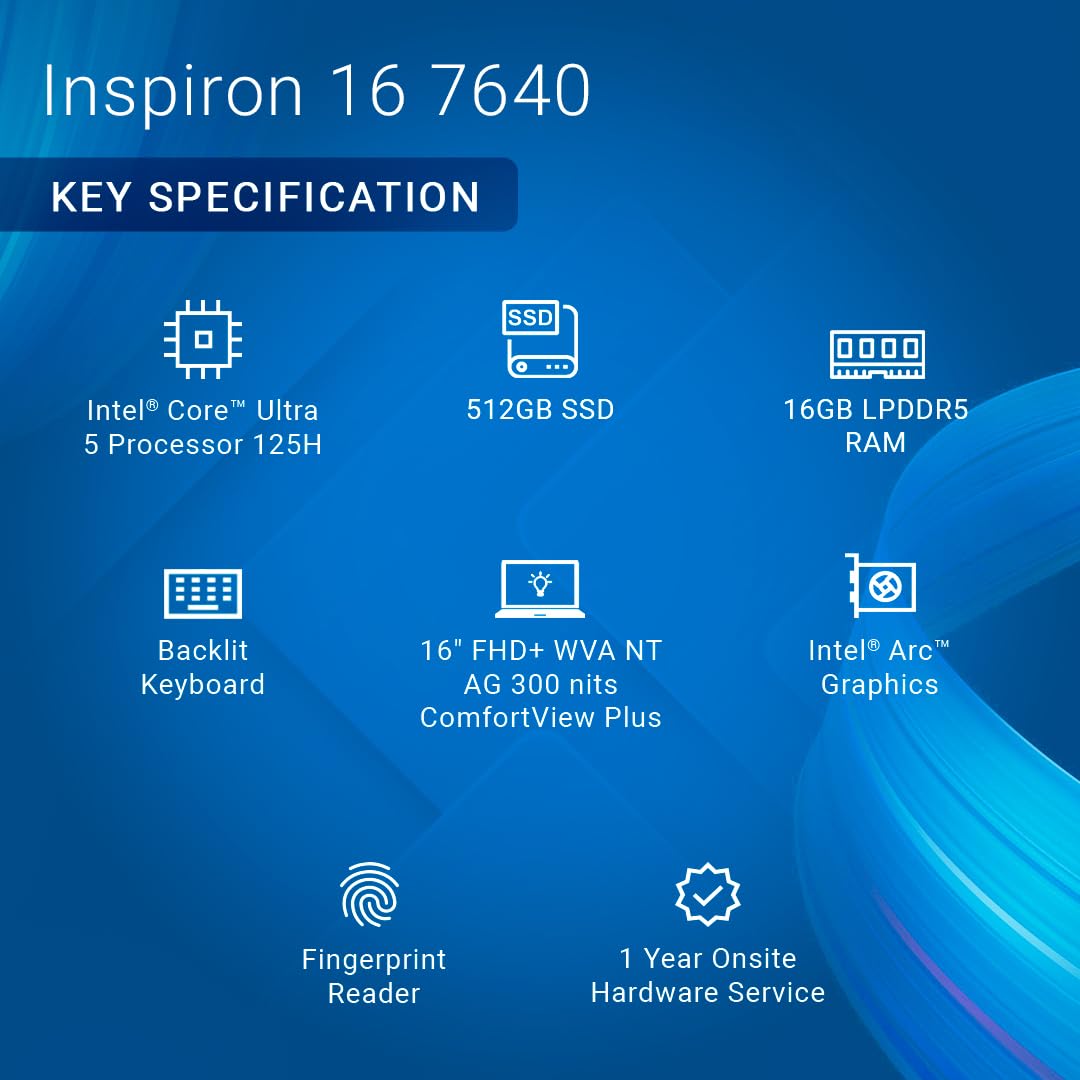 Dell Inspiron 16 Plus Laptop with AI Enabled Intel Evo Powered Core Ultra 5 125H, 16GB LPDDR5, 512GB SSD, Intel Arc Graphics, 16" (40.64cm) FHD+ NT 300 nits Display, Backlit KB + FPR, Ice Blue, 1.90kg