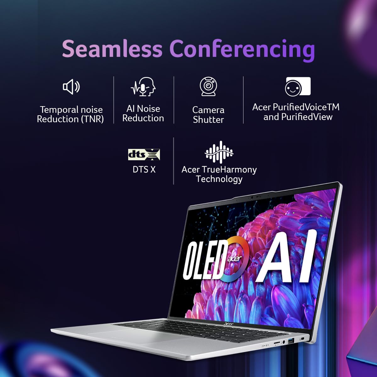 Acer Swift Go 14, Intel Core Ultra 7-155H, 16GB RAM, 1TB SSD, OLED WQXGA+ 14"/35.56cm, Windows 11, MS Office, Pure Silver, 1.3Kg, SFG14-73, Intel Arc Graphics, 1440p Camera AI Powered Laptop