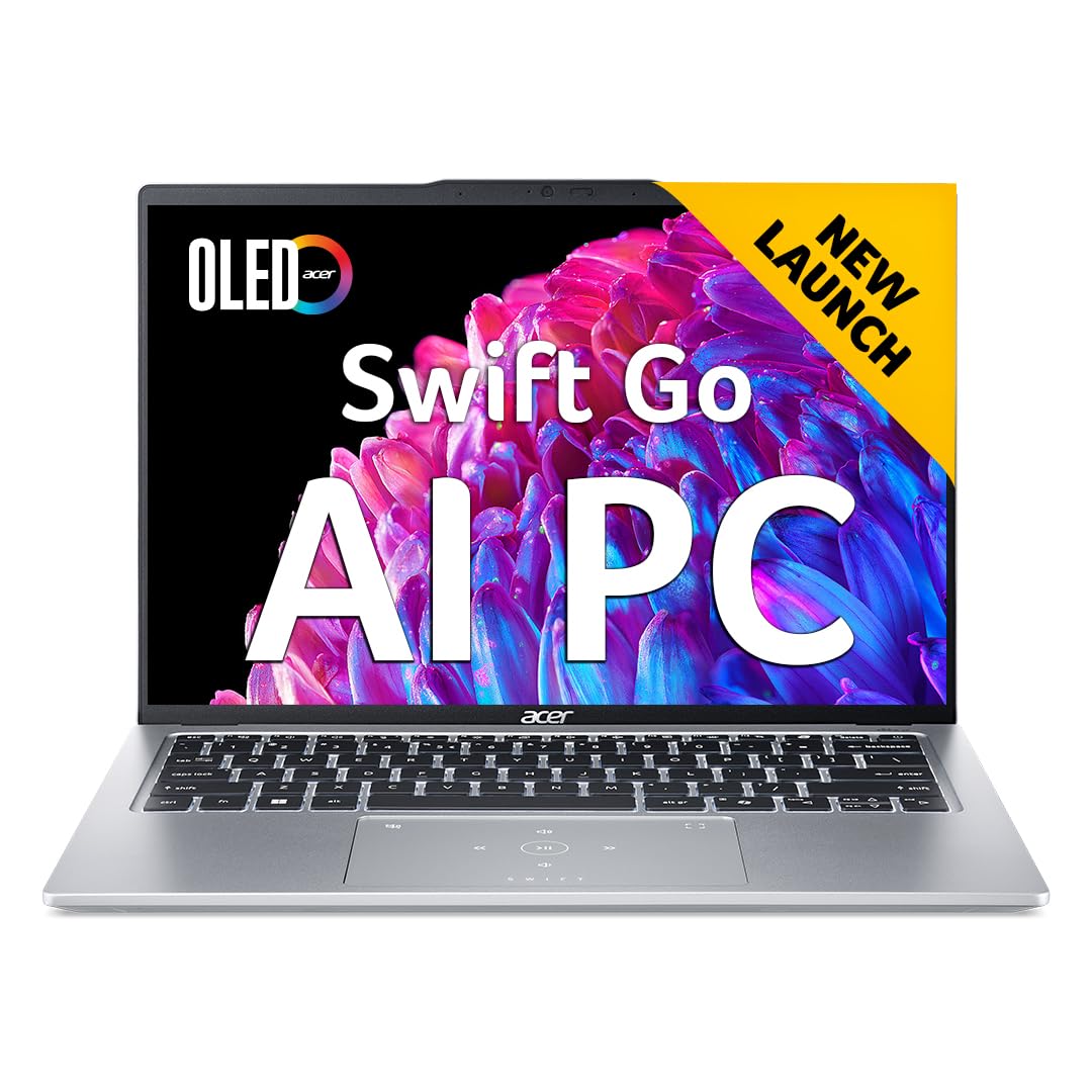 Acer Swift Go 14, Intel Core Ultra 7-155H, 16GB RAM, 1TB SSD, OLED WQXGA+ 14"/35.56cm, Windows 11, MS Office, Pure Silver, 1.3Kg, SFG14-73, Intel Arc Graphics, 1440p Camera AI Powered Laptop