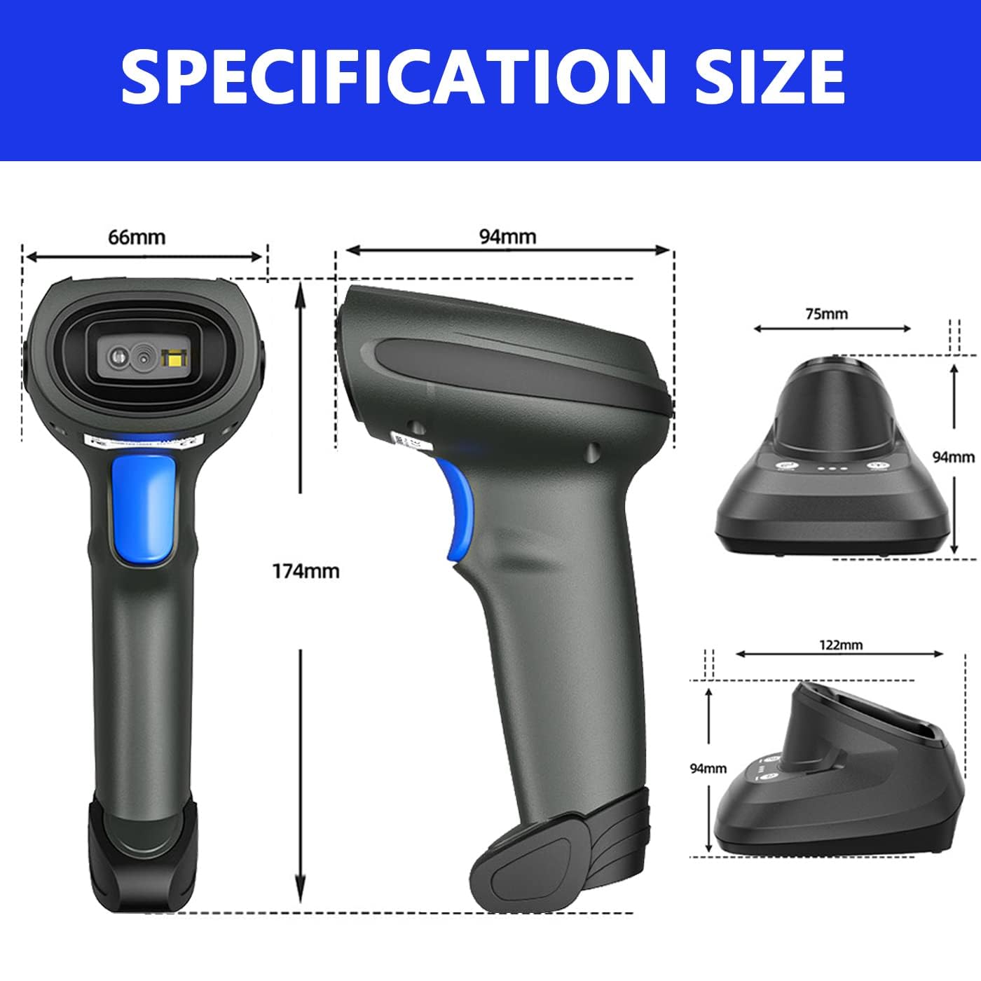 LENVII CW200 Wireless Barcode Scanner 2D Handheld Bar Code Reader QR Code Scanner USB Bar Code Scanners 2 in 1 with Charging Base use for Shop,Supermarket, Warehouse