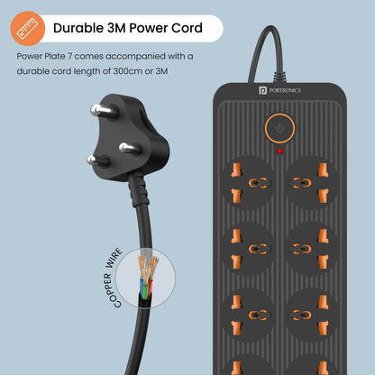 Portronics Power Plate 7 with 6 USB Port + 8 Power Sockets Power Strip Extension Board with 2500W, 3Mtr Cord Length, 2.1A USB Output(Black)
