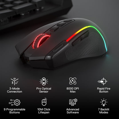 Redragon M612 PRO RGB Gaming Mouse, 8000 DPI Wired/Wireless Optical Gamer Mouse with 9 Programmable Buttons & 7 Backlit Modes, BT & 2.4G Wireless, Software Supports DIY Keybinds Rapid Fire Button