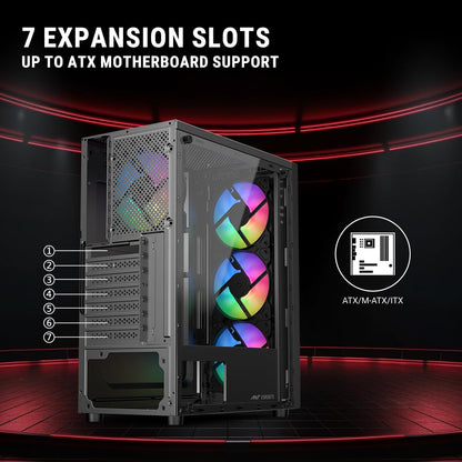 Ant Esports Elite 1120 Mid-Tower Computer Case/Gaming Cabinet - Black | Support ATX, M-ATX, ITX | Pre- Installed 3 x 120mm Front and 1 x 120mm Rear Rainbow Fans