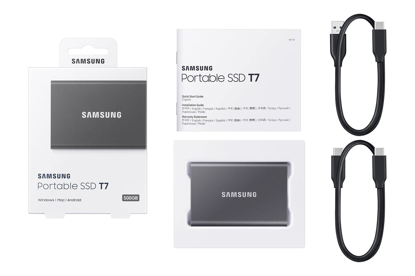 Samsung T7 1TB Up to 1,050MB/s USB 3.2 Gen 2 (10Gbps, Type-C) External Solid State Drive (Portable SSD) Grey(MU-PC1T0T)