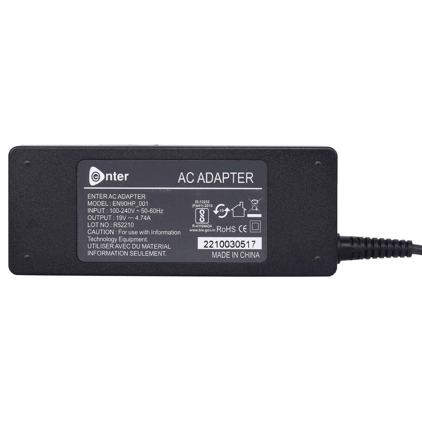 Enter Bis Certified 90W,19V/4.74A,3 Pin High-Efficiency Ac Laptop Charger/Adapter for Hp Laptops(Without Power Cord),Black