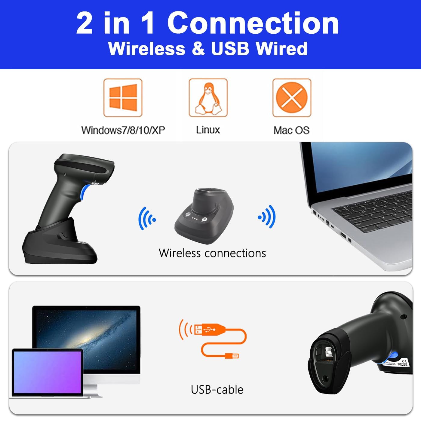 LENVII CW200 Wireless Barcode Scanner 2D Handheld Bar Code Reader QR Code Scanner USB Bar Code Scanners 2 in 1 with Charging Base use for Shop,Supermarket, Warehouse