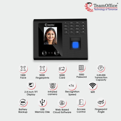 Team Office Touch-Less Face Attendance Device with Cloud Attendance Software (Face + Wi-Fi), Black