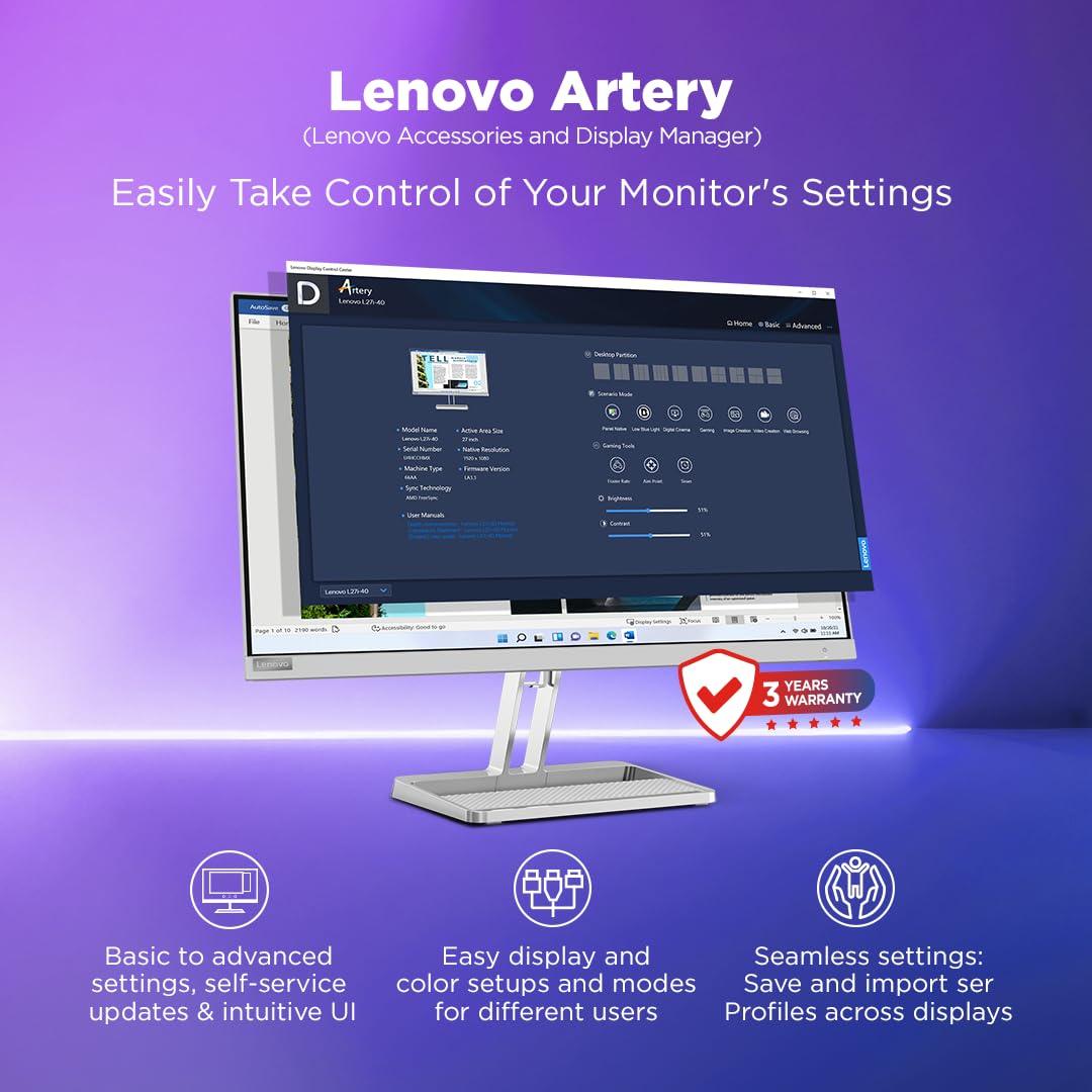 Lenovo L-Series 27 inch (68.5cm) FHD IPS Monitor| 100Hz, 1ms, FreeSync, 99% sRGB, 3Wx2 Speakers, Smart Display Customization Artery, 2X HDMI 1.4, 1x VGA, Tilt, Cloud Grey, L27i-4A