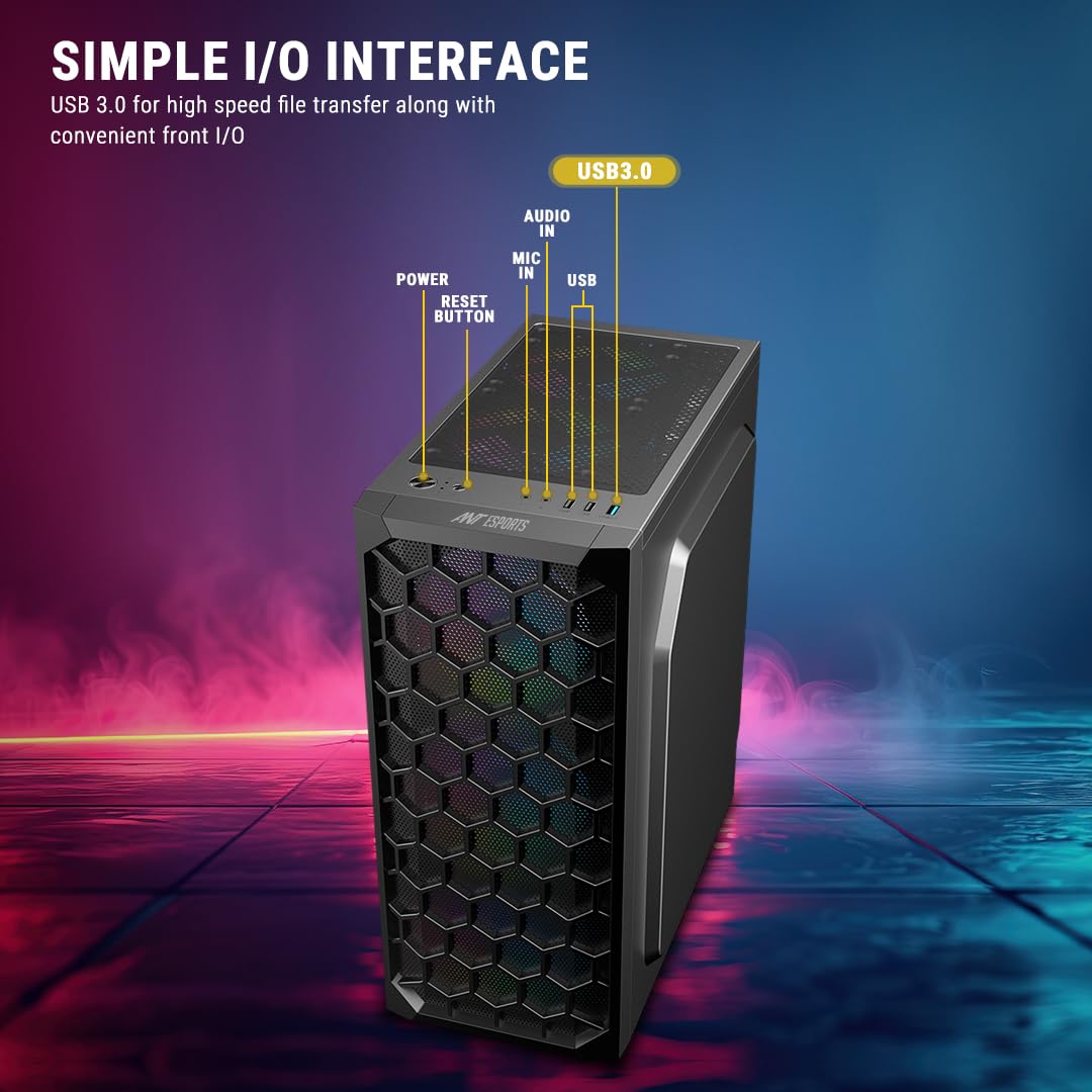 Ant Esports Elite 1120 Mid-Tower Computer Case/Gaming Cabinet - Black | Support ATX, M-ATX, ITX | Pre- Installed 3 x 120mm Front and 1 x 120mm Rear Rainbow Fans