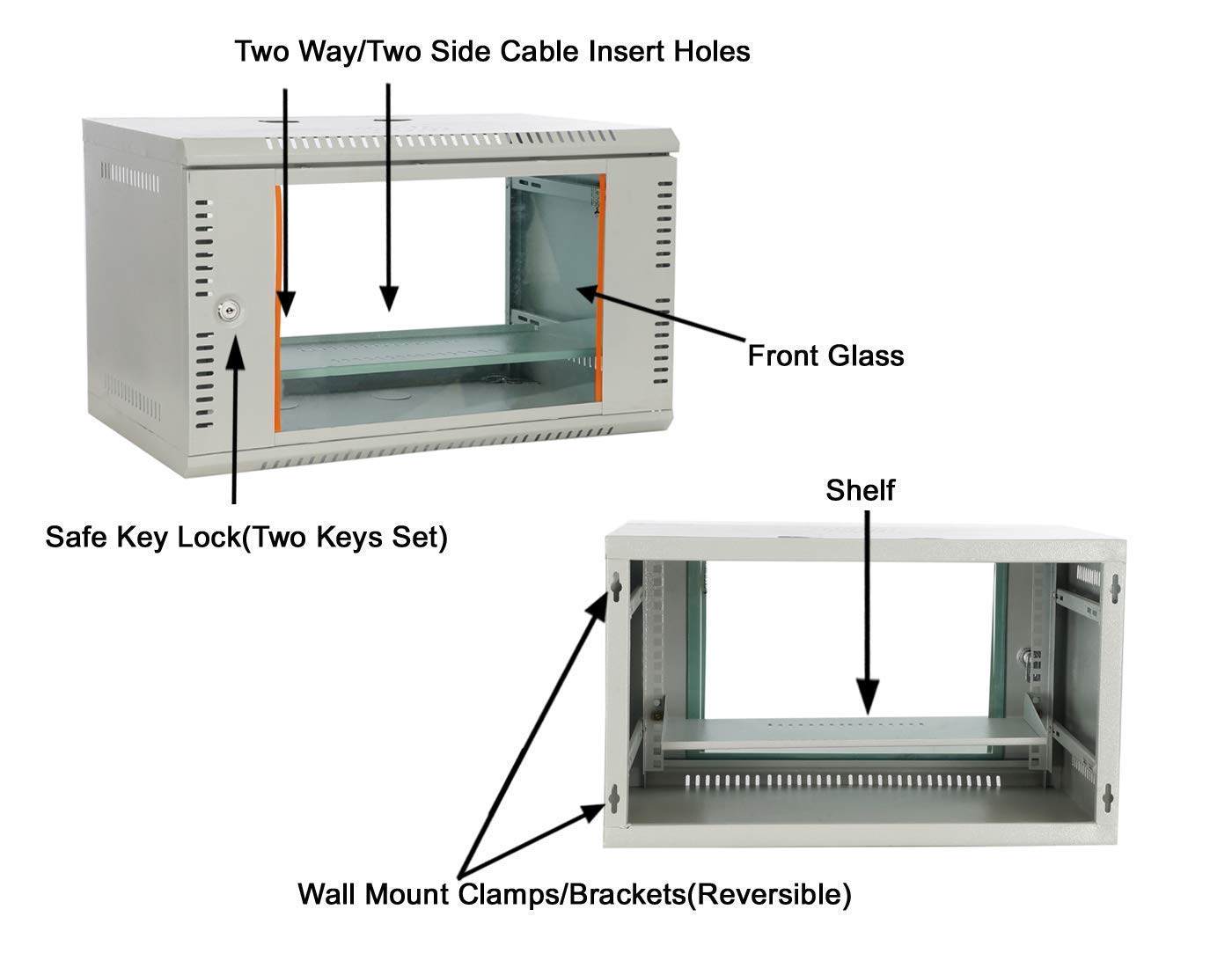 Server Rack 6U Combo Wall Mounted Rack with 6 Power Socket & Cable - Lock & Keys - Tray (1 No) - 1 Cooling Fan and Adjustable Shelf
