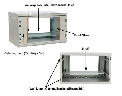 Server Rack 6U Combo Wall Mounted Rack with 6 Power Socket & Cable - Lock & Keys - Tray (1 No) - 1 Cooling Fan and Adjustable Shelf