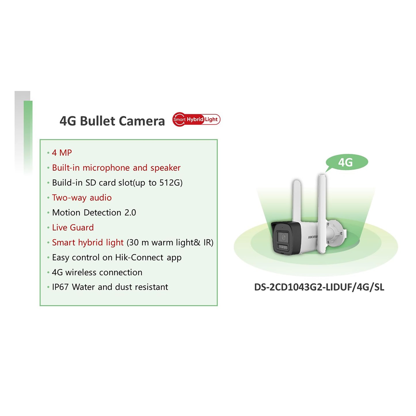 HIKVISION 4MP Smart 4G Hybrid Light Fixed Bullet CCTV Camera | Human & Vehicle Detection | Support 4G LTE(Nano SIM)| 2Way Audio | Storage upto 512 GB(SDcard slot) | Water Resistant |DS-2CD1043G2-LIDUF