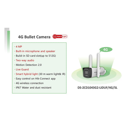 HIKVISION 4MP Smart 4G Hybrid Light Fixed Bullet CCTV Camera | Human & Vehicle Detection | Support 4G LTE(Nano SIM)| 2Way Audio | Storage upto 512 GB(SDcard slot) | Water Resistant |DS-2CD1043G2-LIDUF